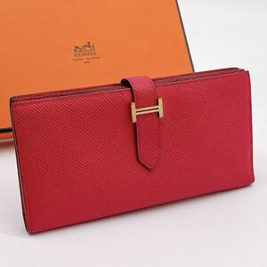 HERMES エルメス 長財布 ベアンスフレ ヴォーエプソン レザー マチ付きローズジャイプール ゴールド金具 レディース Ｄ刻印