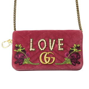 GUCCI グッチ GGマーモント ベルベット チェーン ピンク エンブロイダリーLOVE 488426 ミニショルダーバッグ