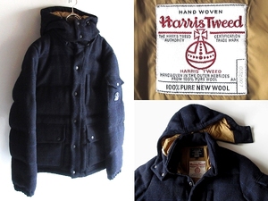 FIDELITY × HARRIS TWEED フィデリティ ハリスツイード ロゴワッペン ウインドウペンチェック ウール ダウンジャケット S ネイビー 紺