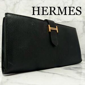 【希少☆スフレ】エルメス HERMES ベアン ヴォーエプソン マチあり長財布 ゴールド金具 G金具 刻印有り ブラック黒 メンズ レディース