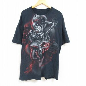 XL/古着 半袖 Tシャツ メンズ スカル 龍 大きいサイズ クルーネック 黒 ブラック 23jun07 中古