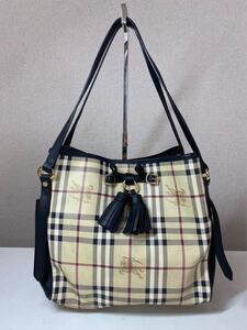 BURBERRY バーバリー ハンドバッグ チェック柄 トートバッグ PVC レザー シャドーホース バッグ バケット タッセル フリンジバック