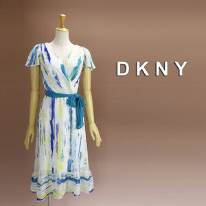 新品 DKNY 10/15号 ダナキャラン 白 青 黄色 シフォン ワンピース パーティドレス 半袖 結婚式 二次会 フォーマル お呼ばれ 輝47N2901