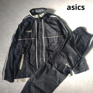 asics　ナイロンジャケット　ジャージ　セットアップ　BLACK　90s　ウインドブレーカー　黒　スポーツウェア　シャカシャカ