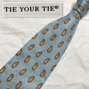 ■希少高級品■TIE YOUR TIE タイユアタイ　ネクタイ　ジュエリー　ペイズリー風　総柄　リネン＆シルク　イタリア製　ライトブルー