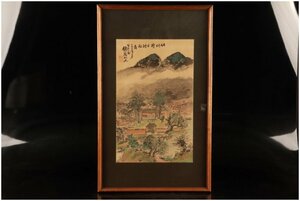 [URA]肉筆画/富岡鉄斎/『學士耕雨』/内寸H66cm×W39cm/5-11-98(検索)骨董/掛け軸 絹本 工芸画 日本画 風景画