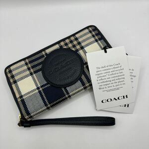 ★送料無料★新品★正規品★COACH(コーチ)/長財布/ロングウォレット/小銭入れ/ラウンドジップ/ストラップ付/ネイビー/チェック柄