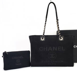 G353◆超美品【シャネル】CHANEL ドーヴィル チェーントートバッグ A67001 ミックスファイバー◆ポーチ セミショルダー ブラック ランダム