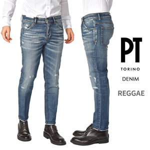 新着 新品 ピーティートリノデニム PT TORINO DENIM REGGAE デニム ジーンズ ダメージ加工 ストレッチ ウォッシュド ブルー 388954-36