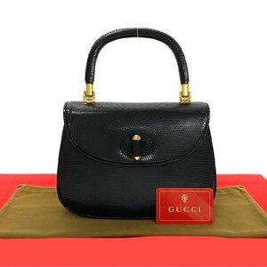 極 美品 GUCCI オールドグッチ ヴィンテージ リザード レザー 本革 ターンロック ハンドバッグ ミニ トートバッグ ブラック 黒 93949