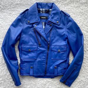 美品◆DIESEL ディーゼル ダブル ライダースジャケット 山羊革ゴートレザー レディースバイカー 裏地チェック ガンメタ金具 ブルー青 M相当