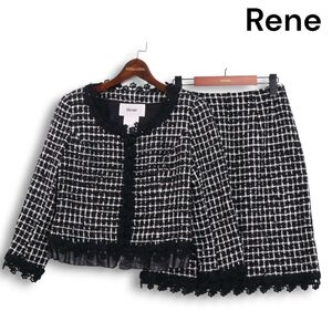 Rene ルネ 英国 TISSUE生地★秋冬 ツイード ノーカラー ジャケット & スカート セットアップ スーツ Sz.36/34 レディース 黒　K4T01514_A#N