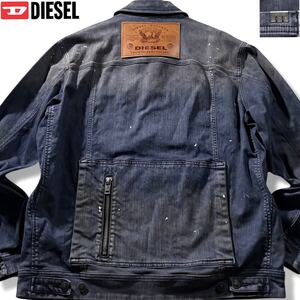 極美品/XLサイズ相当●DIESEL ディーゼル デニムジャケット Gジャン ブルゾン ストレッチ レザーロゴワッペン 胸元ロゴ金具 白ペイント L