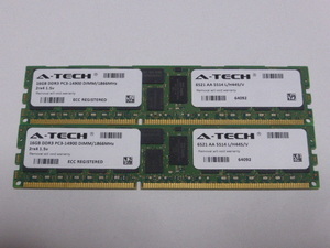 メモリ サーバーパソコン用 1.5V A-TECH Samsungチップ PC3-14900R(DDR3-1866R) ECC Registered 16GBx2枚 合計32GB 起動確認済みです