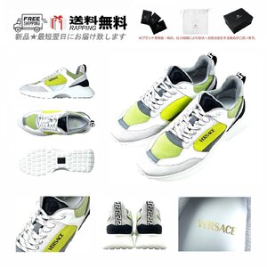 L280-41.. VERSACE ヴェルサーチ シューズ スニーカー 靴 カーフ ファブリック ロゴ ★ ACIDLIME+WHITE