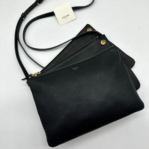 59-50● 極美品 廃盤● CELINE セリーヌ トリオ ラージ ショルダーバッグ クロスボディ 斜め掛け フィービー期 ラムレザー ブラック 金具