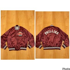 良品☆80s〜Chalk Line,USA製／MLB・PHI,フィラデルフィア フィリーズ　L 裏起毛生地.サテンナイロンスタジャン オリジナルビンテージ フ軍