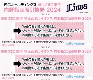 西武ホールディングス株主優待・埼玉西武ライオンズ内野指定席引換券２枚；コード通知のみです！