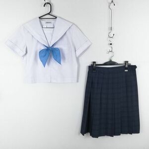 1円 セーラー服 チェックスカート スカーフ 上下3点セット 夏物 白2本線 女子 学生服 中学 高校 白 制服 中古 ランクC EY0458