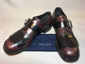 新品 プラダ 16-17AW レザー ドレス シューズ 10 PRADA コレクション 本革 革靴 メダリオン ベルト フリンジ