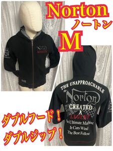 Norton（ノートン）ダブルパーカー ダブルジップ　バイカー刺繍ロゴ　黒　Mサイズ