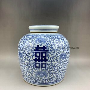 民国青花喜字缶 陶磁器 装飾品 現代工芸品美術品 置物