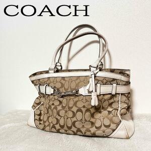 美品COACH コーチハンドバッグトートバッグベージュシグネチャーデザイン総柄