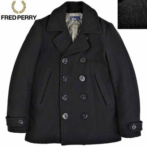 相場価格￥41,500- 極美品 FRED PERRY フレッドペリー F2281 羊革レザー使用 メルトンウール Pコート ブラック 黒 S 中綿入り ピーコート