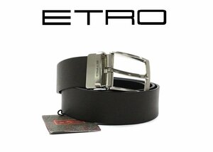 7万新品◆95◆エトロ ロゴ入りシルバーバックル 両面リバーシブル シンプルレザーベルト 焦茶×黒【ETRO】1円