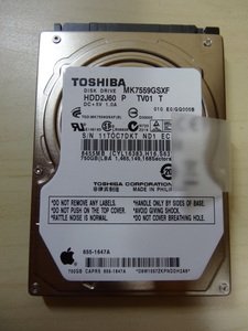 [送料無料 即決] Apple 純正 TOSHIBA 2.5inch HDD 750GB High Sierraインストール済み USED