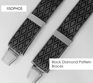 ★イギリス U.K SOPHOS サスペンダー 35mm Ｘ型 シルバークリップ 幅広バックル ダイア柄ブラック Black Diamond Pattern 