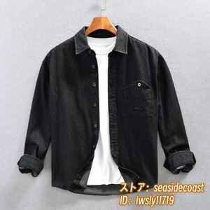 極美品 メンズシャツ デニムシャツ ストライプ柄 超希少 デニムジャケット 長袖シャツ ヴィンテージ トップス アウター ブラック 2XL