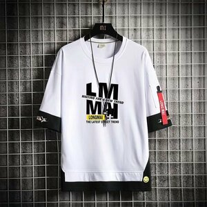 メンズ半袖Tシャツ、カットソー メンズ メンズファッション メンズトップス 半袖 tシャツ 胸プリント インナー 細身　ホワイト4XL