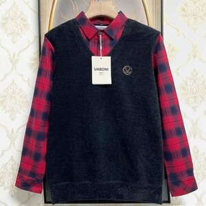 ★★逸品EU製＆定価5万◆UABONI*Paris*セーター*ユアボニ*パリ発◆豪華ミンク/カシミヤ混 防寒 重ね着風 金糸刺繍 チェック柄 紳士 M/46