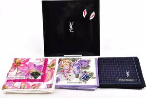 未使用 Yves Saint Laurent YSL フラワー 花 ハンカチ スカーフ シルク ピンク ホワイト ネイビー 正規品 箱付き 3セット まとめ売り 9111