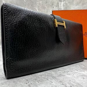 【極美品】エルメス HERMES ベアン 長財布 二つ折り財布 レザー ブラック 黒 ゴールド金具 メンズ レディース ビジネス □G刻印 2003年