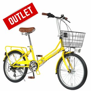 20型 オールインワン 折り畳み自転車 マットイエロー 6段変速 LEDライト 簡易組立品 お買い物 通勤通学 現品限り