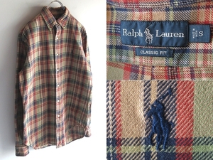 Ralph Lauren ラルフローレン CLASSIC FIT ポロポニーロゴ刺繍 チェックシャツ ネルシャツ BDシャツ S ベージュ 緑 紺 赤 RN41381 USA企画