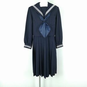 1円 セーラー服 ジャンパースカート スカーフ 上下3点セット 冬物 白4本線 女子 学生服 熊本八代第四中学 紺 制服 中古 ランクC NA8045