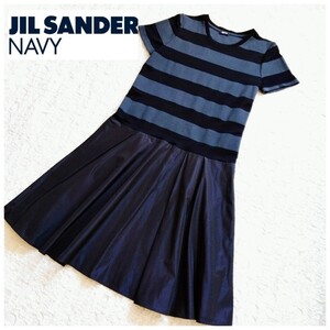 ジルサンダーネイビー JIL SANDER NAVY*切替ワンピース*ボーダー*半袖*サイズ36*イタリア製*レディース*ドッキング*異素材