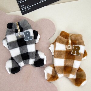 【100円スタート！】ブラウンSサイズ◆犬服 ブロックチェック ドッグウェア ロンパース つなぎ 部屋着 ルームウェア ペット用品 新品