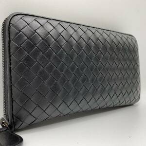 1円 正規品 極美品 Bottega Veneta ボッテガヴェネタ メンズ 長財布 ラウンドファスナー イントレチャート レザー 本革 ブラック ジップ