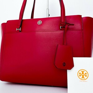 1円■未使用級■Tory Burch トリーバーチ チャーム ロゴ 希少色 トートバッグ ビジネス 大容量 A4可 レディース メンズ レザー レッド 赤