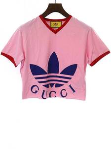 GUCCI × adidas グッチ × アディダス 22SS ロゴプリントカットオフクロップドTシャツ 693637 XJEB1 ピンク L IT015IYEQAAG