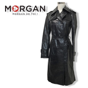 ★Morgan de toi モルガンドゥトワ★レディース ワニ クロコ 型押し レザー トレンチ コート 黒 ブラック 光沢 管:B:12