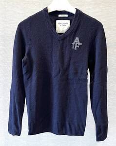 Abercrombie&Fitch アバクロ Vネック ニット メンズ S 紺 カシミア混 ウール 軽量 AF刺繍 やわらかい手触り DR11