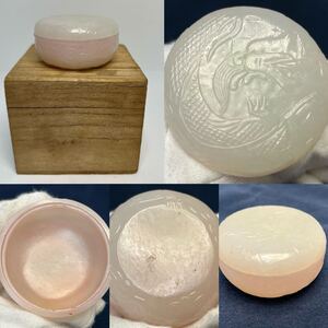 中国古美術 時代物 清朝期 古玉 白玉 香合 彫刻 龍図 中国古玩 骨董品 箱付 