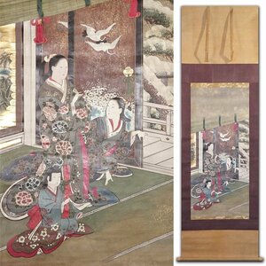 花◆江戸時代中期・宝暦年間 肉筆浮世絵 紙本著色 美人画『貴人庭前雪見之図』掛軸 羽黒洞箱書あり