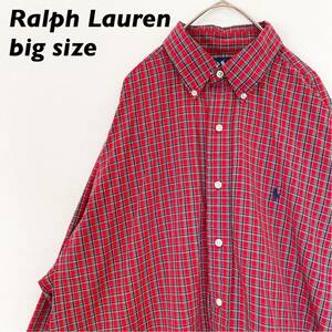 ラルフローレン　長袖シャツ　ボタンダウン　チェック　ポニーロゴ　男女兼用　ユニセックス　Ralph Lauren BDシャツ　赤色　刺繍ロゴ