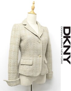 R332/DKNY ツイード テーラードジャケット 2つボタン 総裏 ノーベント ラメ 4 M~L グレージュ 秋冬